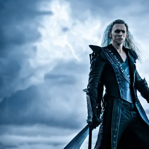 Image similar to Tom Hiddleston as Sephiroth, still from blockbuster movie, epic lighting, 4k, light film grain