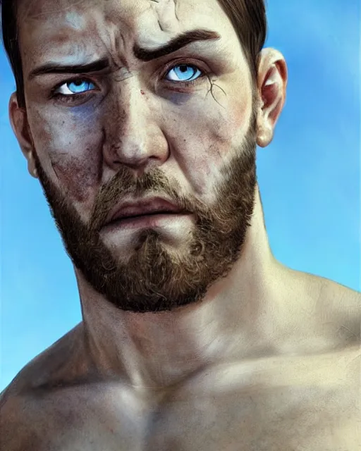 Prompt: portrait of muscular, tired and fucked up 3 0 - year - old handsome man with short darkblonde hair, serious sad look in his eyes, dirty beard, blue eyes, wearing dirty soldier uniform, on the desert, hyper realistic face, beautiful eyes, character art, art by mark brooks, hyperdetailed, cryengine, trending on artstation, digital art