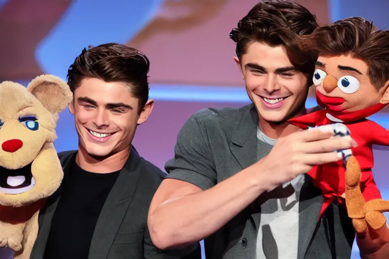 Image similar to studio lit zac efron laughing maniacally while holding a ventriloquist puppet of a fearful tom holland