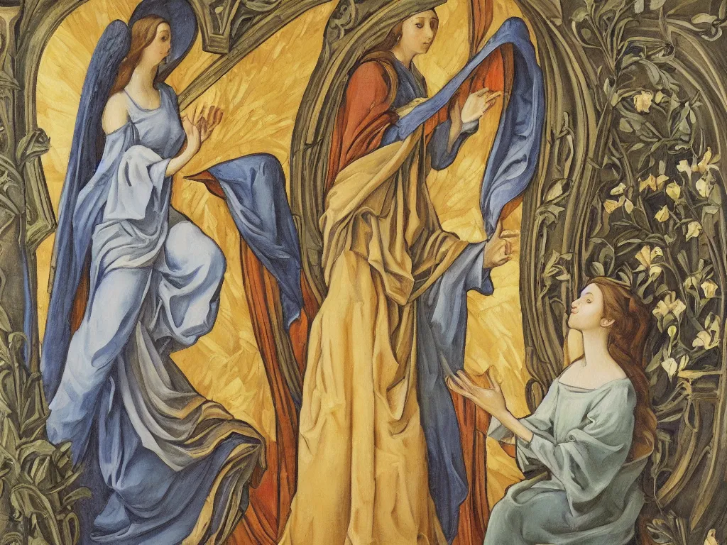 Image similar to oil painting of the annunciation in an art nouveau style