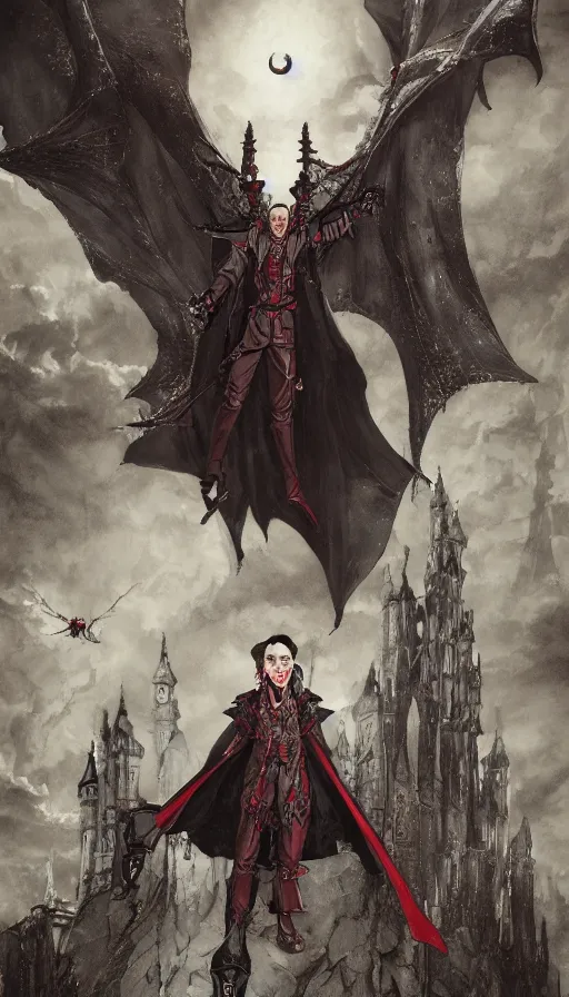 Prompt: Vampire Putin over a Medieval Gothic Castle, by Ayami Kojima, studio ghibli, cinematic lighting, intricate, highly detailed, digital painting, trending on artstation, Illustration, epic scale