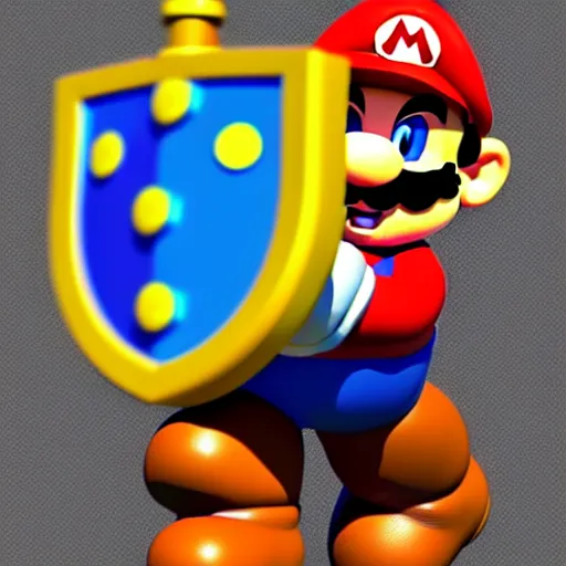 Image similar to super mario holding a sword and shield, highly detailed, extremely high quality, hd, 4 k, 8 k, canon 3 0 0 mm, professional photographer, 4 0 mp, lifelike, top - rated, award winning, realistic, detailed lighting, detailed shadows, sharp, no blur, edited, corrected, trending