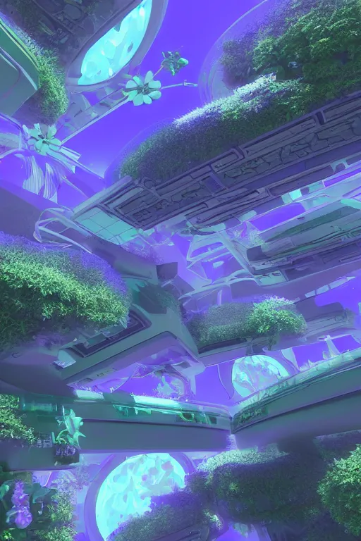 Image similar to multi level botanical garden spaceship floating in space, calm, tranquil, faded effect, detailed, vaporwave colors, render by substance designer