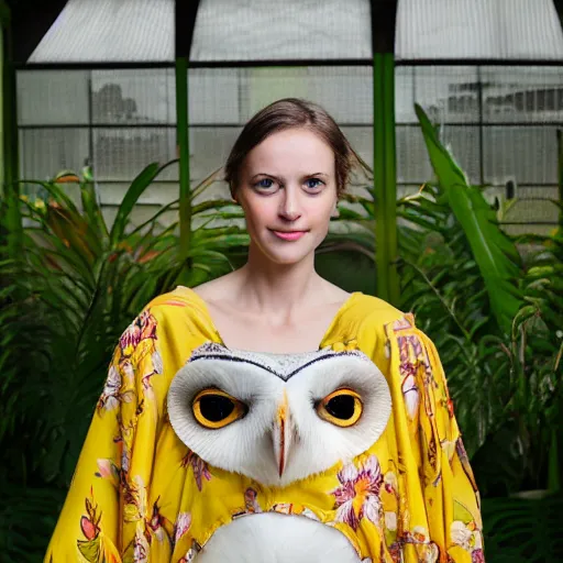 Image similar to amazing portrait photograph of beautiful young female model, symmetric face, symmetric eyes, slight smile, natural light,wearing a yellow kimono with a very detailed barn owl on her shoulder!!! in a tropical greenhouse. looking at the camera!!. super resolution. Extremely detailed. art by Rineke Dijkstra.