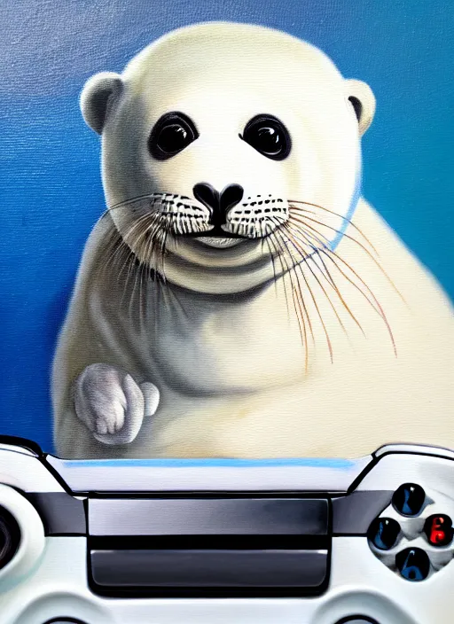 Image similar to highly detailed painting of cute furry white baby seal with an xbox controller by william turner, thick brush strokes and visible paint layers, 4 k resolution