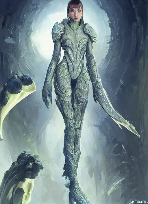 Image similar to a professional painting of a beautiful young female alien, clothed in ethereal armor, olive skin, long dark hair, beautiful bone structure, symmetrical facial features, intricate, elegant, digital painting, concept art, smooth, sharp focus, illustration, from Valerian and the City of a Thousand Planets, by Ruan Jia and Mandy Jurgens and Artgerm and William-Adolphe Bouguerea