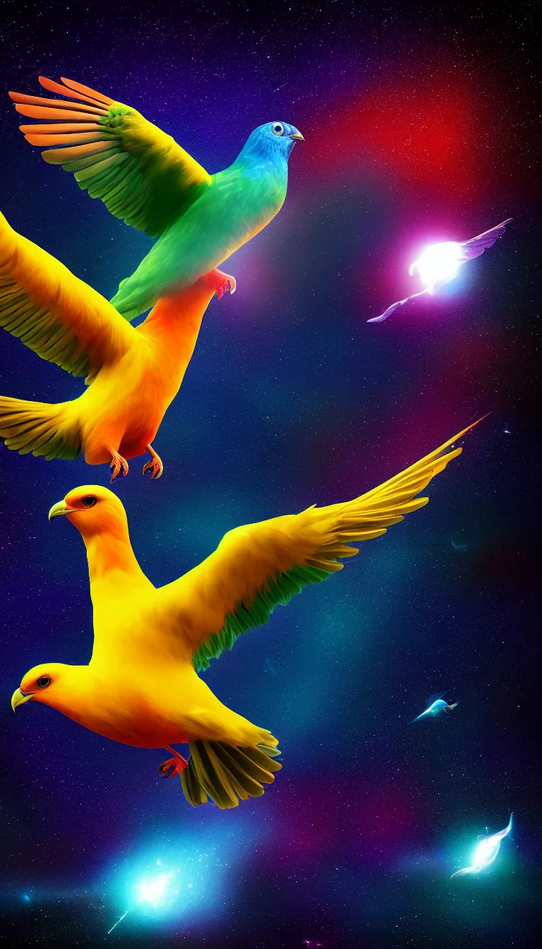 Prompt: highly detailed photo of single big colorful bird flying in the dark space, bird's head and eye are visible, hyper realistic, concept art, 8 k detail post - processing