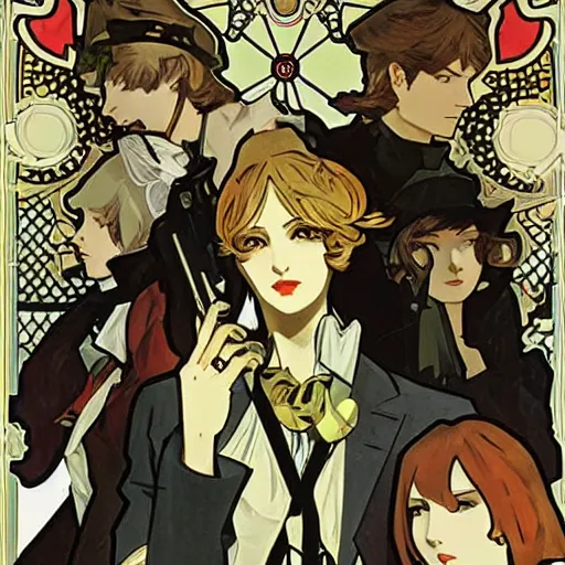 Image similar to persona 4 investigation team by alphonse mucha