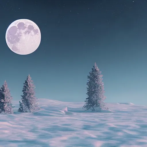 Image similar to a winter scene with the moon rising above the horizon, octane render by lisa frank