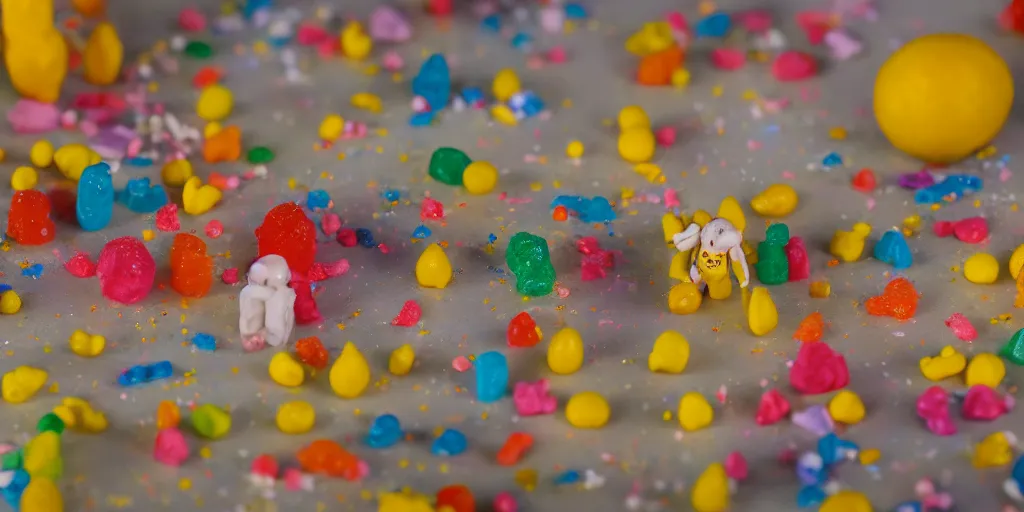 Image similar to a cinematic film still of a claymation stop motion film about a town made of lemons and candy, shallow depth of field, 8 0 mm, f 1. 8