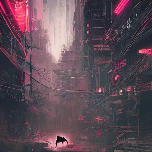 Image similar to a detailed matte painting of a black cat with red led eyes, the cat is in a intricately detailed neo cyberpunk Japanese city, the angel of death with a halo, colorful background not limited to children, by Ismail Inceoglu , concept art, featured on cgsociety