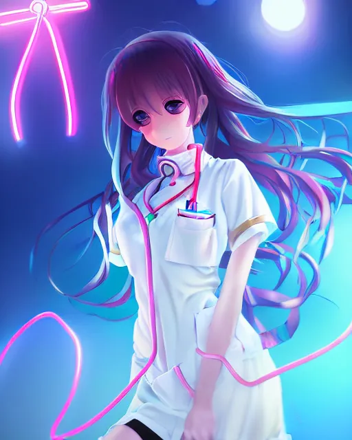 Image similar to anime style, vivid, expressive, full body, 4 k, painting, a cute magical girl with a long wavy hair wearing a nurse outfit, correct proportions, stunning, realistic light and shadow effects, neon lights, studio ghibly makoto shinkai yuji yamaguchi