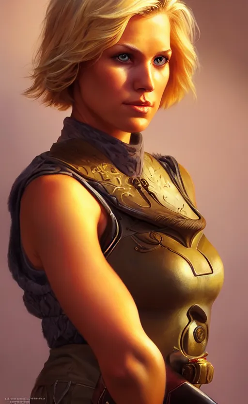 Image similar to full body character art of beautiful female huntress, pretty face, symmetrical features, short blonde hair, by james gurney, volumetric lighting, detailed, oil painting
