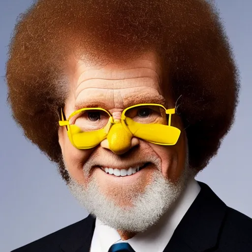 Prompt: a portrait photograph of Bob Ross Wearing a pikachu suit square glasses