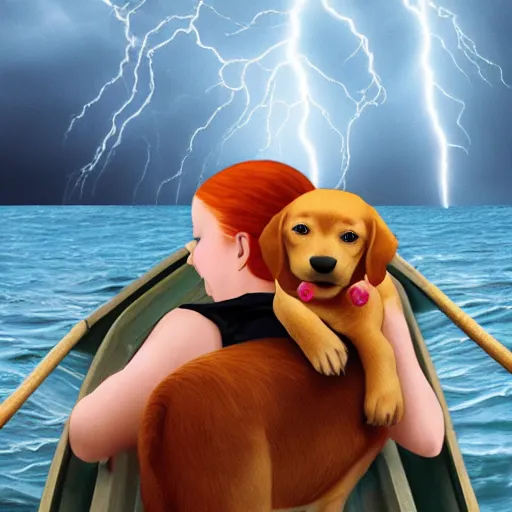 Prompt: redhead girl with glasses hugging puppy on rowboat, in rough seas, storm clouds and lightning, children's book