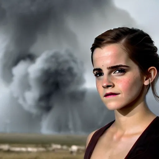 Image similar to emma watson as an f 4 tornado destroying houses