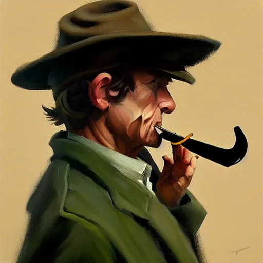 Image similar to greg manchess portrait painting of snufkin smoking a pipe, medium shot, asymmetrical, profile picture, organic painting, rainy day, matte painting, bold shapes, hard edges, street art, trending on artstation, by huang guangjian and gil elvgren and sachin teng