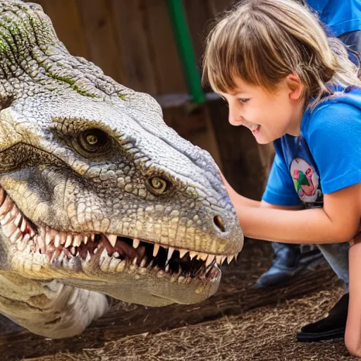 Image similar to a highly detailed photo of kids petting a t rex at a petting zoo, 4 k high - resolution photograph, ultra detail, hd photo