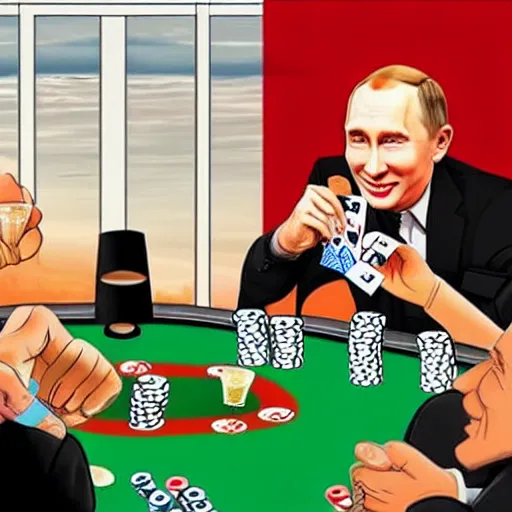 Prompt: jesus christ playing poker while putin serves drinks and smiles