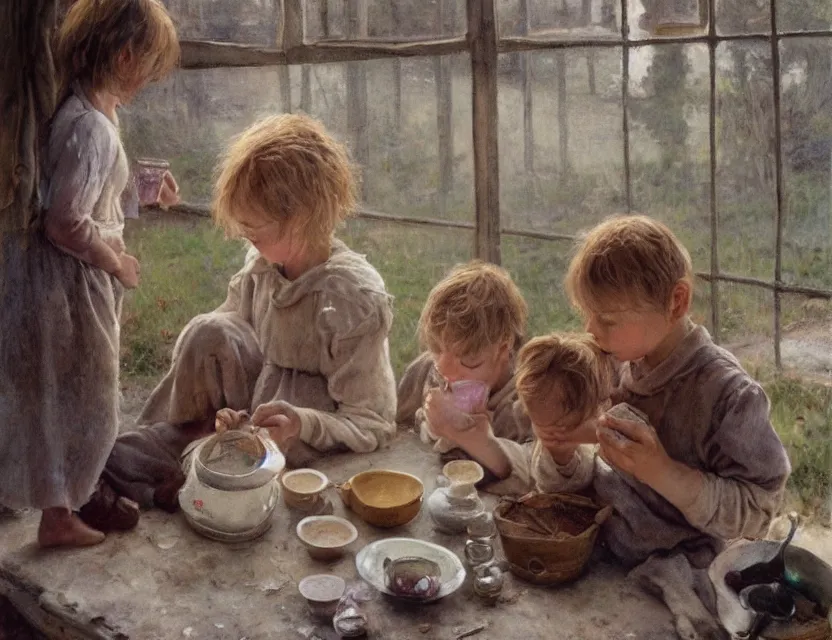 Prompt: portrait of peasant kids drinking milk, cottage core, cinematic focus, polaroid photo bleached vintage pastel colors high - key lighting, soft lights, foggy, by steve hanks, by lisa yuskavage, by serov valentin, by tarkovsky, 8 k render, detailed, oil on canvas