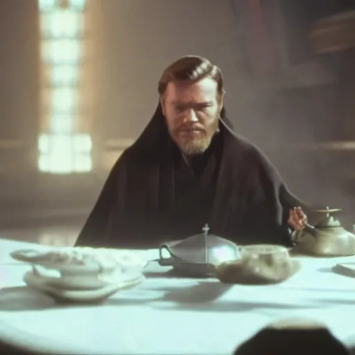 Prompt: Obi Wan! sits at a table with Palpatine! and Drinks tea. Screenshot from Movie, Movie Still, 8k, High Resolution, Highly Detailed