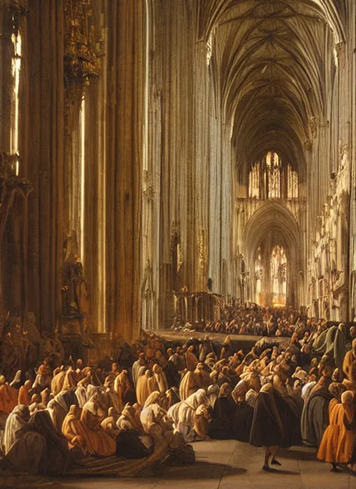 Image similar to elisabeth louise vigee - le brun painting of large crowd of medieval monks in giant in a gothic cathedral interior raising new magical glowing spirit, at dusk sun lit light, old master painting with stunning lighting and details photoreal dusk sun lit light,