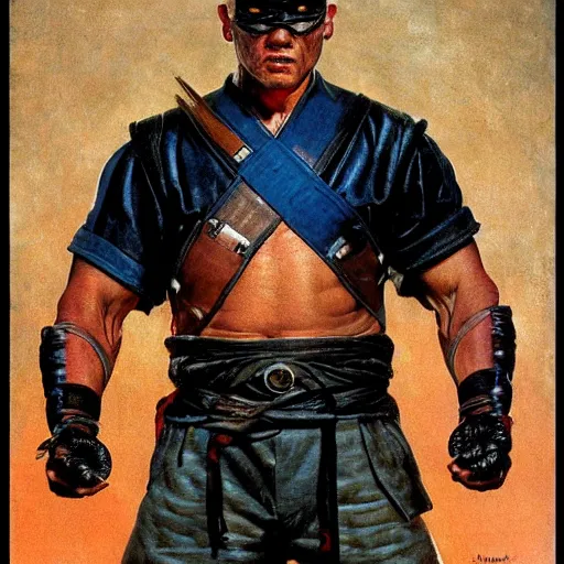 Prompt: frontal portrait of mortal Kombat warrior, by Norman rockwell