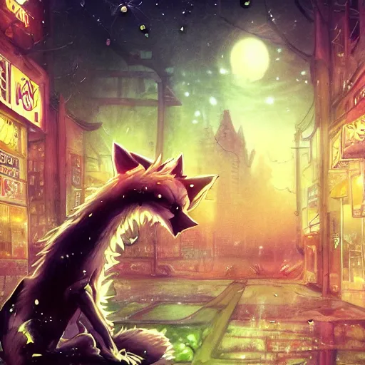 Prompt: an anime cover about an undead toxic biohazard fox like wizard with skeletal jaws, a lovely albino peacock tail, walking through foggy city under starry skies, spooky, halloween decorations, fireflies, anime, peaceful, street view, grainy, neon green, black, vhs, art by yuji ikehata