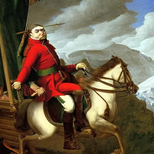 Prompt: Pepe the frog in Napoleon Crossing the Alps by Jacques-Louis David