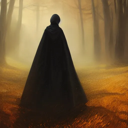 Image similar to a portrait of a young woman wearing a long dark cloak, hood and shadows covering face, holding golden chains, oil painting, matte painting, black background, Volumetric Golden dappled dynamic lighting, Highly Detailed, Cinematic Lighting, Unreal Engine, 8k, HD, by Beksinski