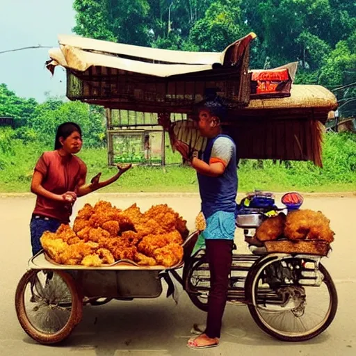 Prompt: “ an elephant selling fried chicken wings and sticky rice with a motorcycle cart in rural thailand. masterpiece. trending on artstation ”