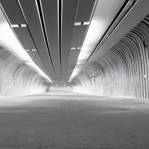 Prompt: photograph of a retrofuturist underground liminal space, minimalist