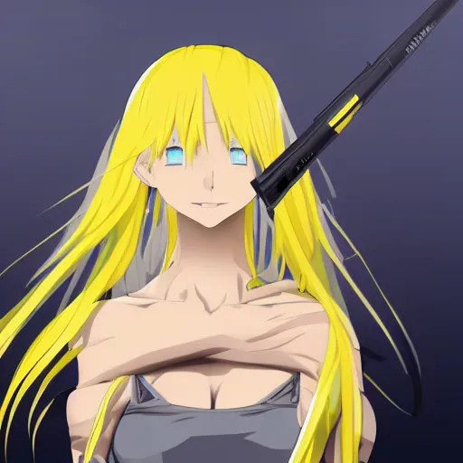 Prompt: yellow hair anime girl with blue eyes poster, 8K, extreme detailed