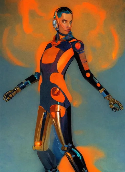 Image similar to ( ( symmetry ) ) closeup portrait of a chrome stunning cyborg girl, racer jumpsuit with shoulder pads, strong cinematic light, teal orange, viscous volumetric smoke, mist, by gerald brom, by mikhail vrubel, by peter elson, muted colors, extreme detail, trending on artstation, 8 k