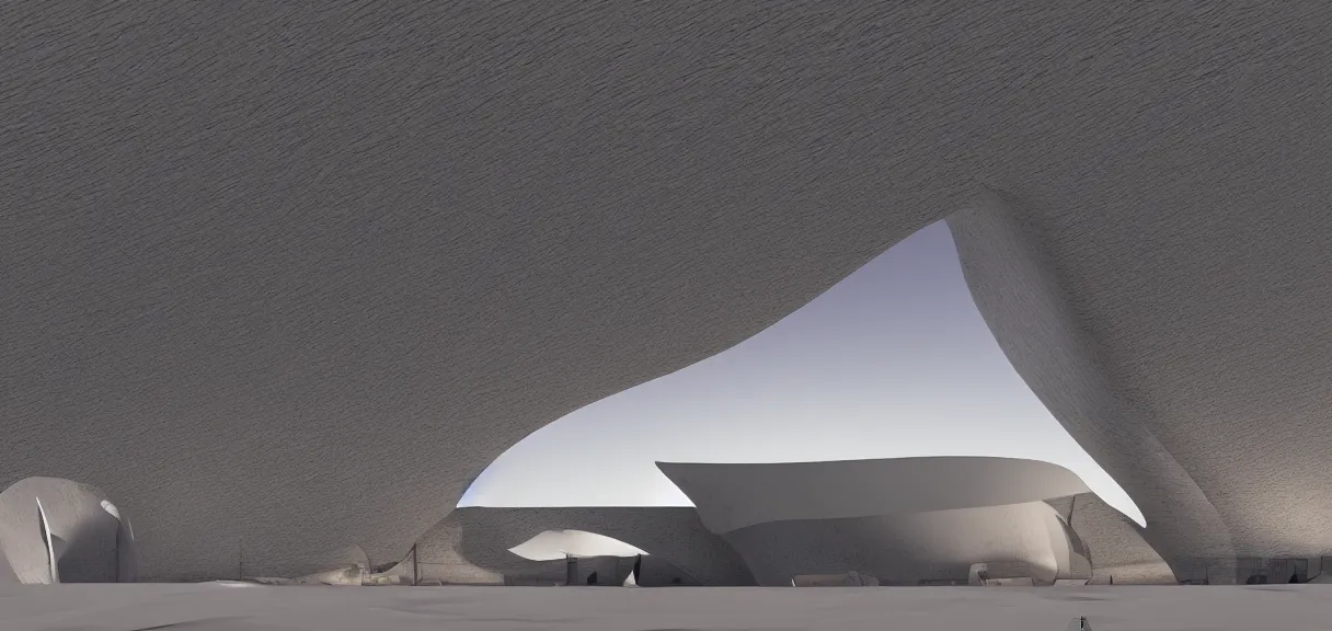 Image similar to a cresent moon in the sky shining on a white museum by zaha hadid in the desert, cinematic, render in unreal engine 5