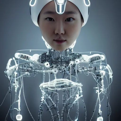 Image similar to beautiful centered fine art photo portrait of hoyeon jung as a solarpunk robotic humanoid, half body above water, white mechanical parts with led lights, ultra - realistic and detailed, white background, natural lighting, soft focus, slow exposure hdr 8 k