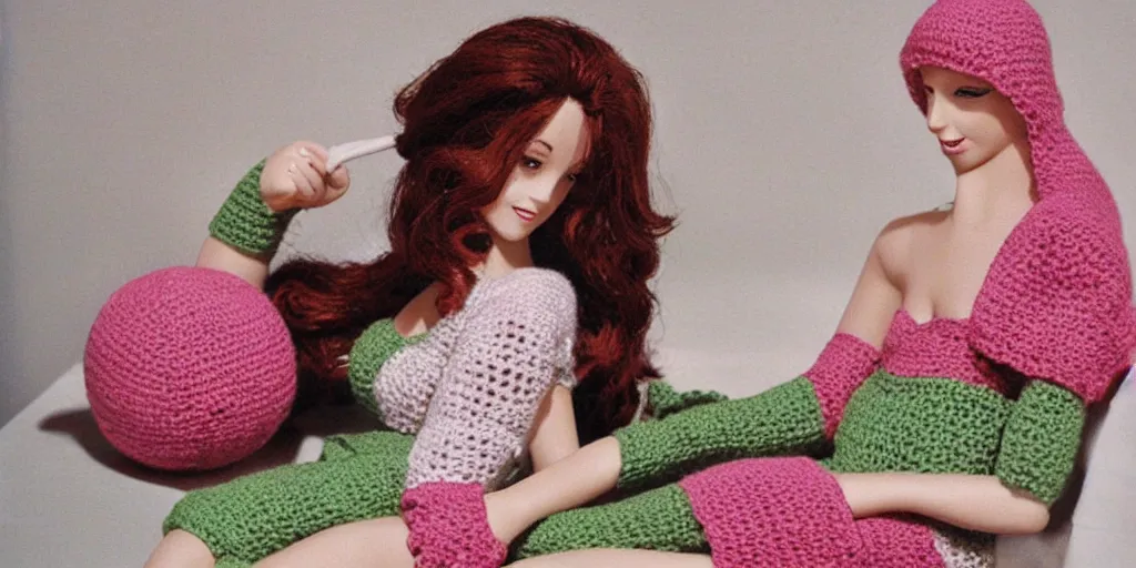 Prompt: Pretty Woman with crocheting figure