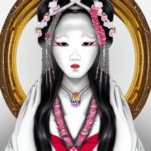 Prompt: albino maiko with a long fancy hair, detailed, jewelry, sakura, photograph, award wining, red and white, trending on artstation, 4 k, neon highlights