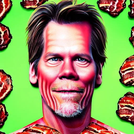 Image similar to ultra detailed kevin bacon on a slice of bacon in a hamburger rendered by octane digital painting inspired by arcimboldo