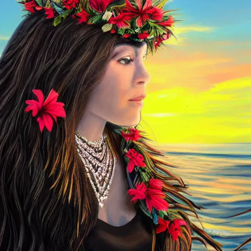 Image similar to oil painting portrait of a long haired fluffy black cat wearing flower crown and lei necklace gazing at a sunset over the ocean on tropical island background with palm trees digital art, concept art, highly detailed, 3-D 4k, trending on art station, Mark Brooks,