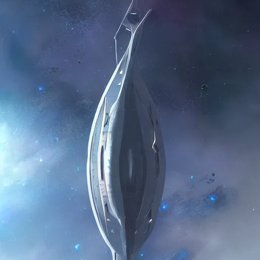 Image similar to concept art of a large space vessel in the shape of an spear flying through the space, scifi, beautiful ilumination, artstation hq