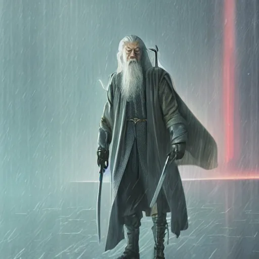 Image similar to cyberpunk gandalf, lord of the rings, photorealistic, 4 k, rain, blade runner, ultra realistic. isometric