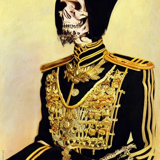 Prompt: A portrait of a skeleton in a Russian Tsar's uniform, painted by John Singer Sargent