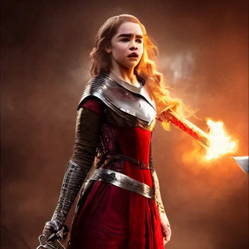 Prompt: emilia clarke, as a medieval fantasy character, with dark red hair, wearing light, silver armor and red clothing, olive complexion, holding a longsword, determined expression, noble, cinematic, dark, realistic, digital art, 8 k