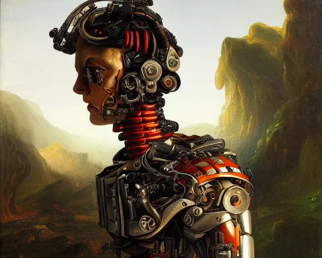 Prompt: a highly detailed portrait of a cyborg in the style of thomas cole