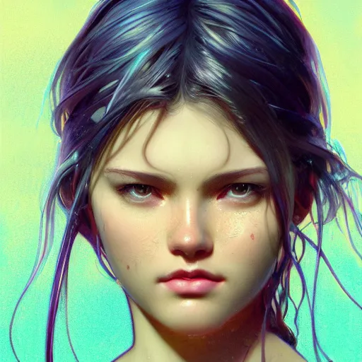 Prompt: A close-up of a stunning portrait of sexy teen girl in a wet t-shirt, art by Artgerm and Ross Tran and Alphonse mucha, vivid color palette, digital painting, 3D, octane render, highly detailed, particles, light effect, volumetric lighting, digital painting, artstation, concept art, smooth, sharp focus