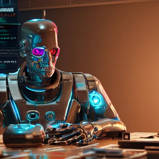 Prompt: A sophisticated terminator with borg implants and lots of components sitting in a cyberpunk cafe and munching on skewer kebabs made of electronic components. Unreal 5 nanite, path tracing render, global illumination. Highly detailed 8k. Bloom, cinematic post-processing