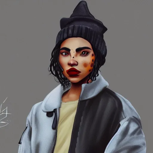 Prompt: character concept art of a mixed woman with freckles with a septum piercing, winged eyeliner, black beanie, black bomber jacket, in an urban environment, depth of field