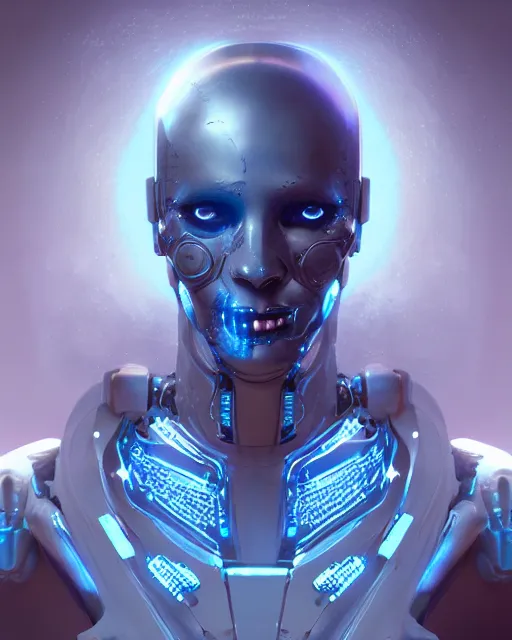 Image similar to cyborg necromancer, scifi, futuristic, helpful, kind, benevolent, intelligent, white, blue, gold, hospital room, highly detailed, trending on artstation, soft light, machine, advanced technology, art by vitaly bulgarov and nivanh chanthara