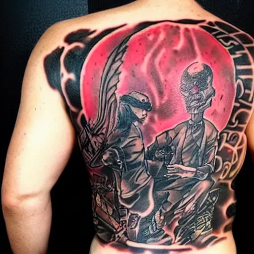 Prompt: dark matter red tattoo beyond the grave on a man's body quality 8K